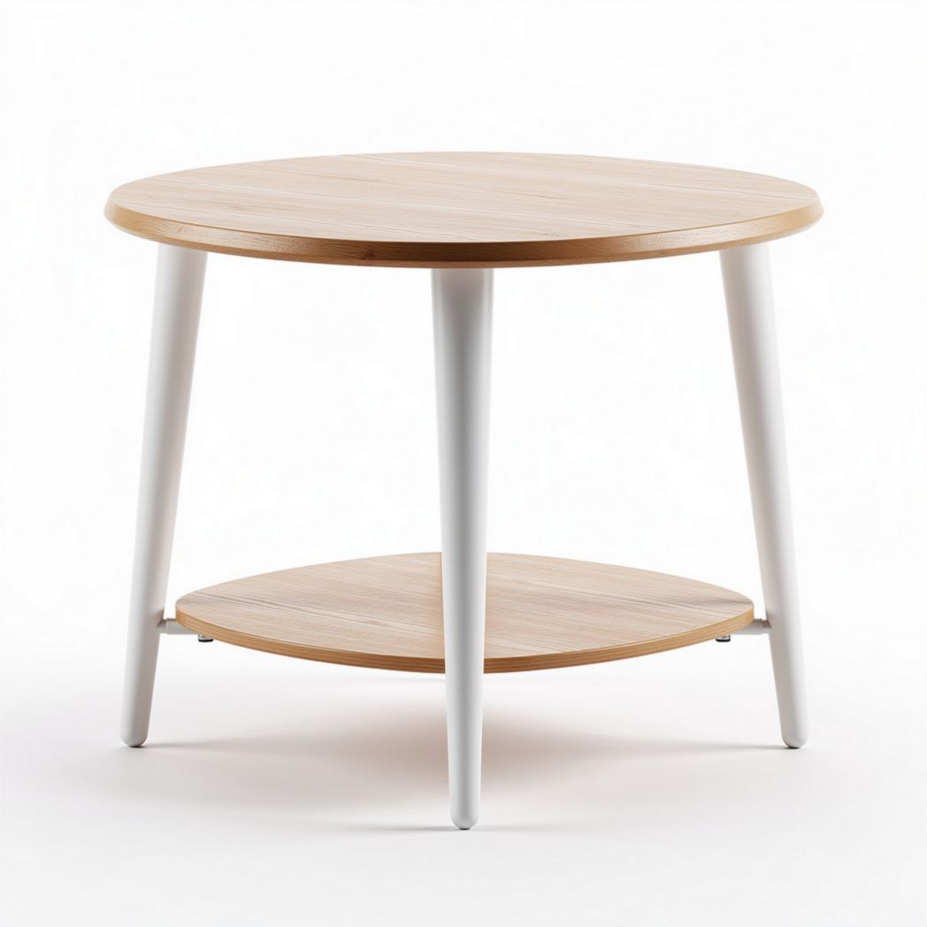 Round wooden coffee table with white legs and lower shelf 50 x 50 x 45cm