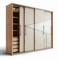 Sliding door wardrobe with five shelves and three drawers in light wood finish 180 x 60 x 210cm
