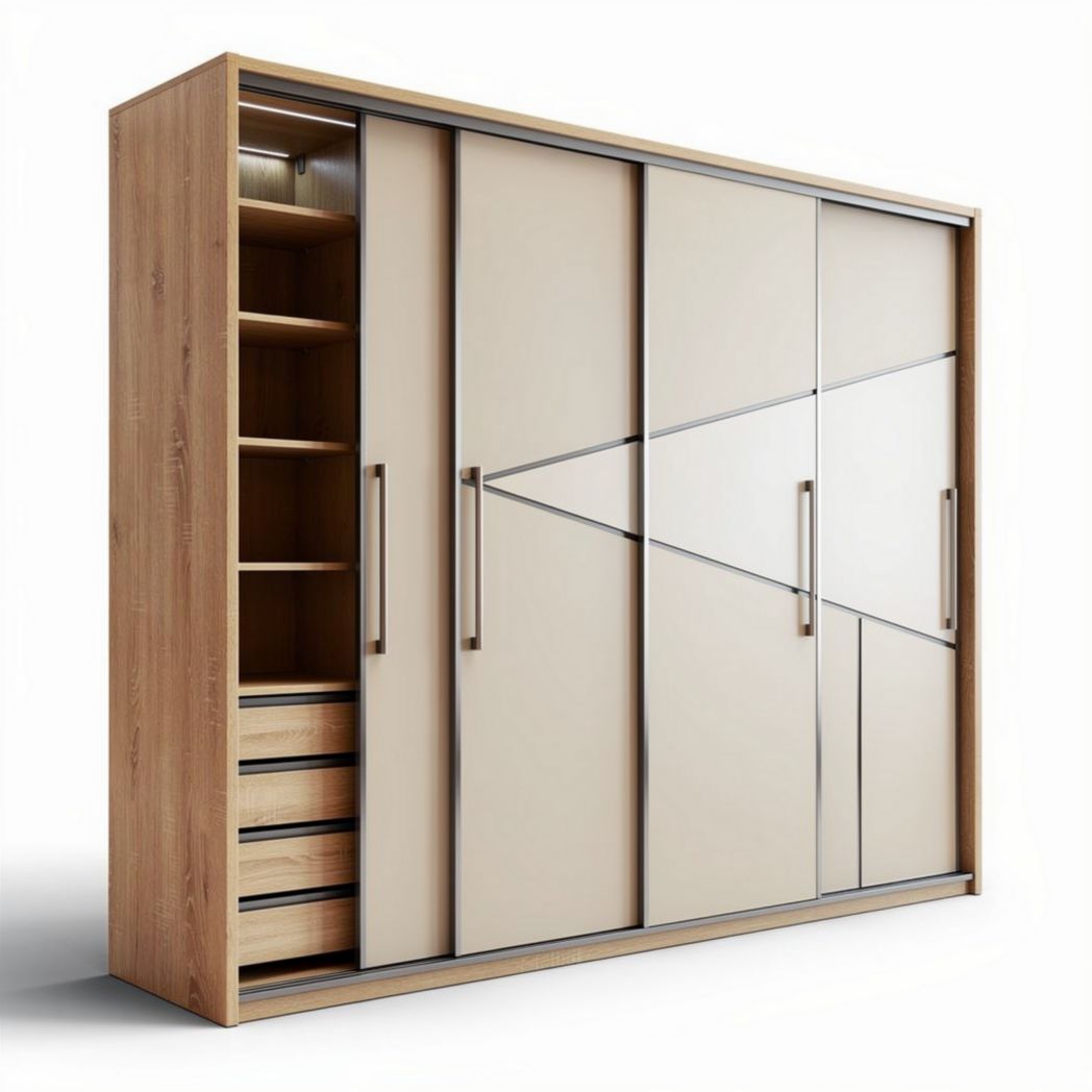 Sliding door wardrobe with five shelves and three drawers in light wood finish 180 x 60 x 210cm