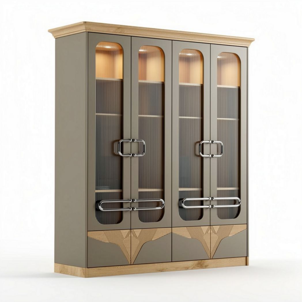 Modern cabinet with glass doors and wood frame in neutral tones 120 x 40 x 180cm