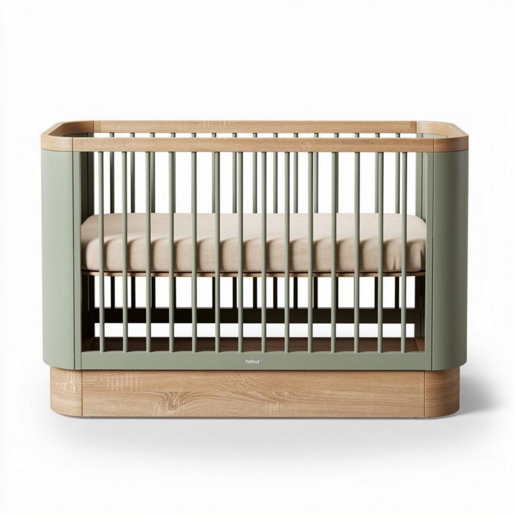 Wooden baby crib with breathable slats in sage green finish 120 x 60 x 80cm
