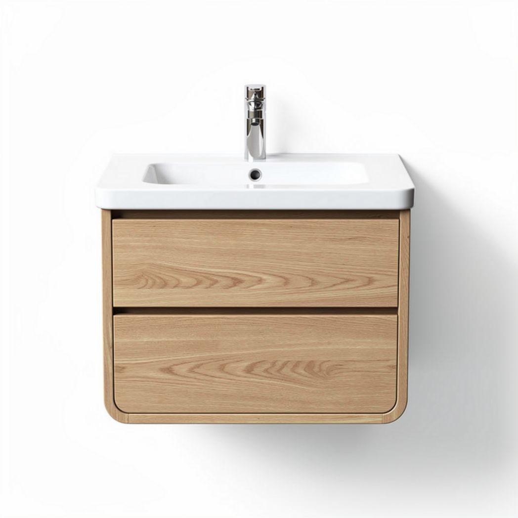 Wall-mounted bathroom vanity with sink in light oak finish 60 x 45 x 15cm