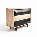 Wooden dresser with three geometric drawers in black and natural finish 80 x 40 x 75cm