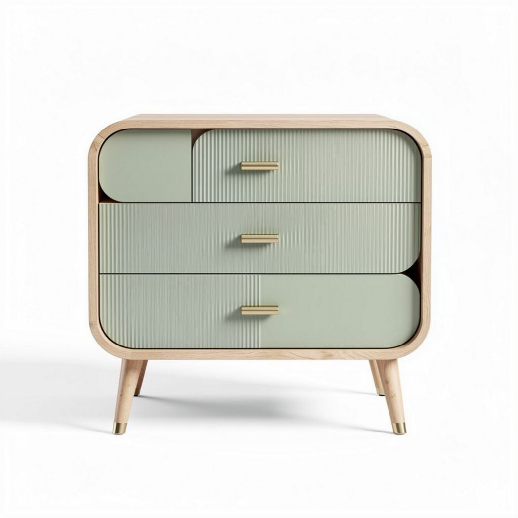 Green modern bedside table with three drawers and wooden legs 60 x 40 x 75cm