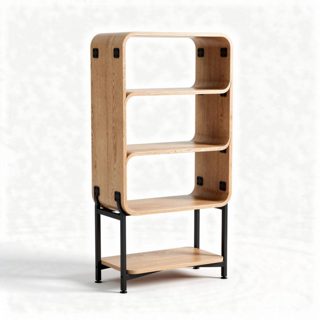 Wooden bookshelf with three open shelves and metal frame 80 x 40 x 150cm