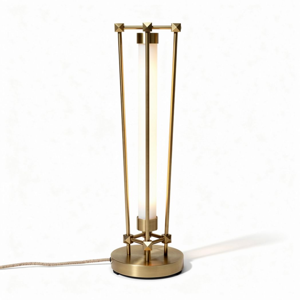 Brass table lamp with modern geometric design and integrated LED illumination