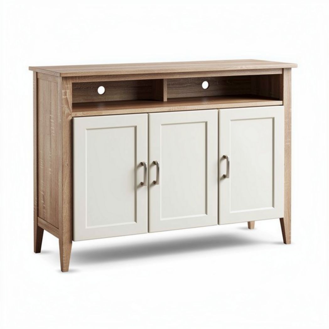 Wooden storage cabinet with white doors and open shelf 120 x 40 x 80cm